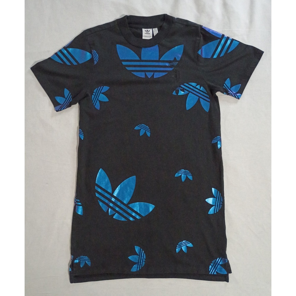 Adidas Originals Foil Trefoil Logo All-Over Print T-Shirt Dress Black Small